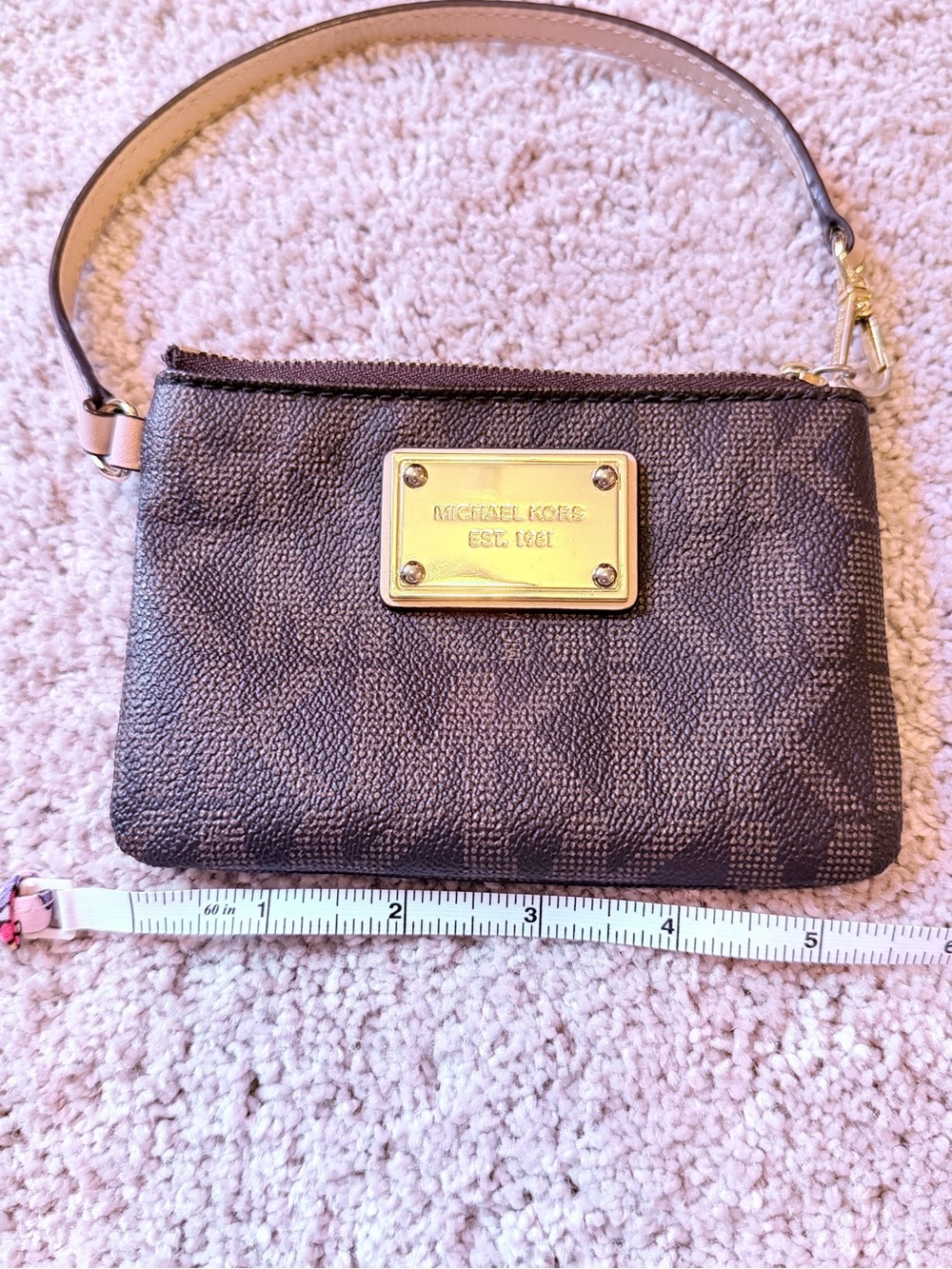 Michael Kors Dark Brown Logo Wristlet with Gold Plaque